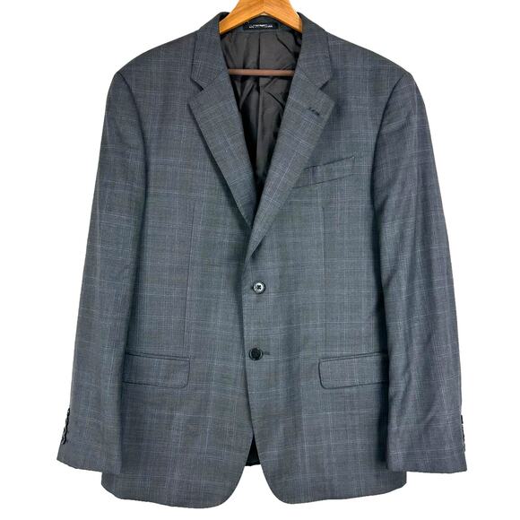Armani Emporio Plaid 100% Virgin Wool Super 150 G Line Size 56R EUC Blue Gray - Picture 1 of 7